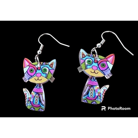 Whimsical Cat Earrings New Multicolor Kitty Lover Dangle Hooks Christmas… - Picture 6 of 6